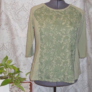 LOGO Lori Goldstein Lounge 1X Green Shirt Front Lace Overlay